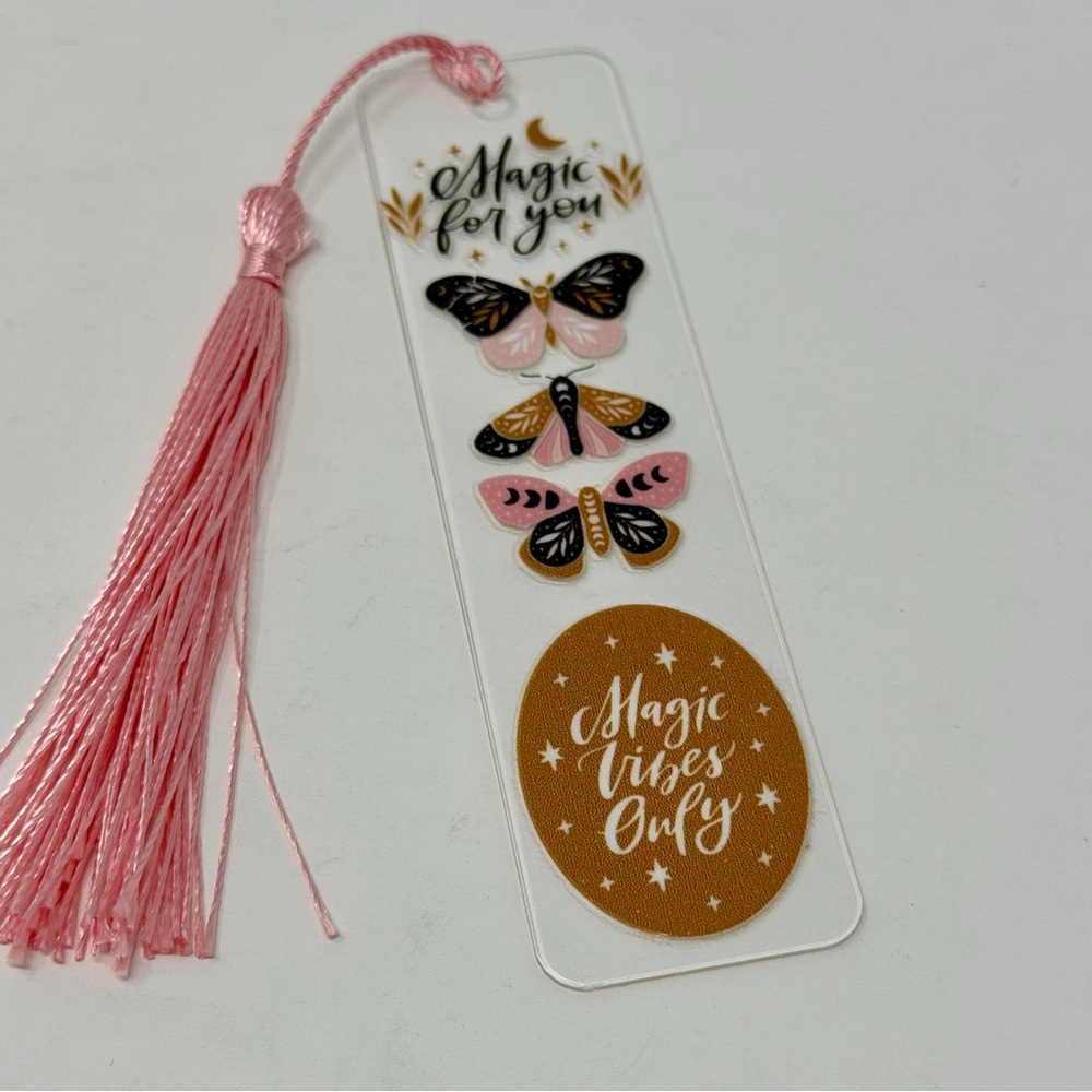 Handmade Butterfly Bookmark with Pink Tassel, Rectangle Shape, Magic Theme